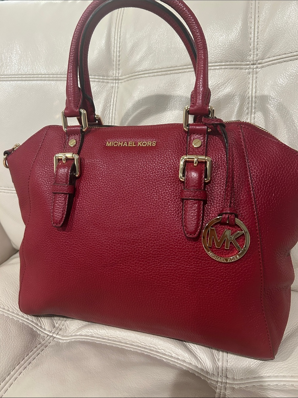 Michael Kors Ciara Large Saffiano Leather Satchel Cherry Red w/Gold Hardware